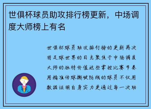 世俱杯球员助攻排行榜更新，中场调度大师榜上有名