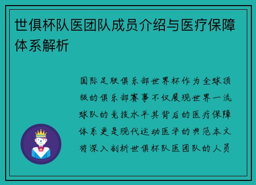 世俱杯队医团队成员介绍与医疗保障体系解析